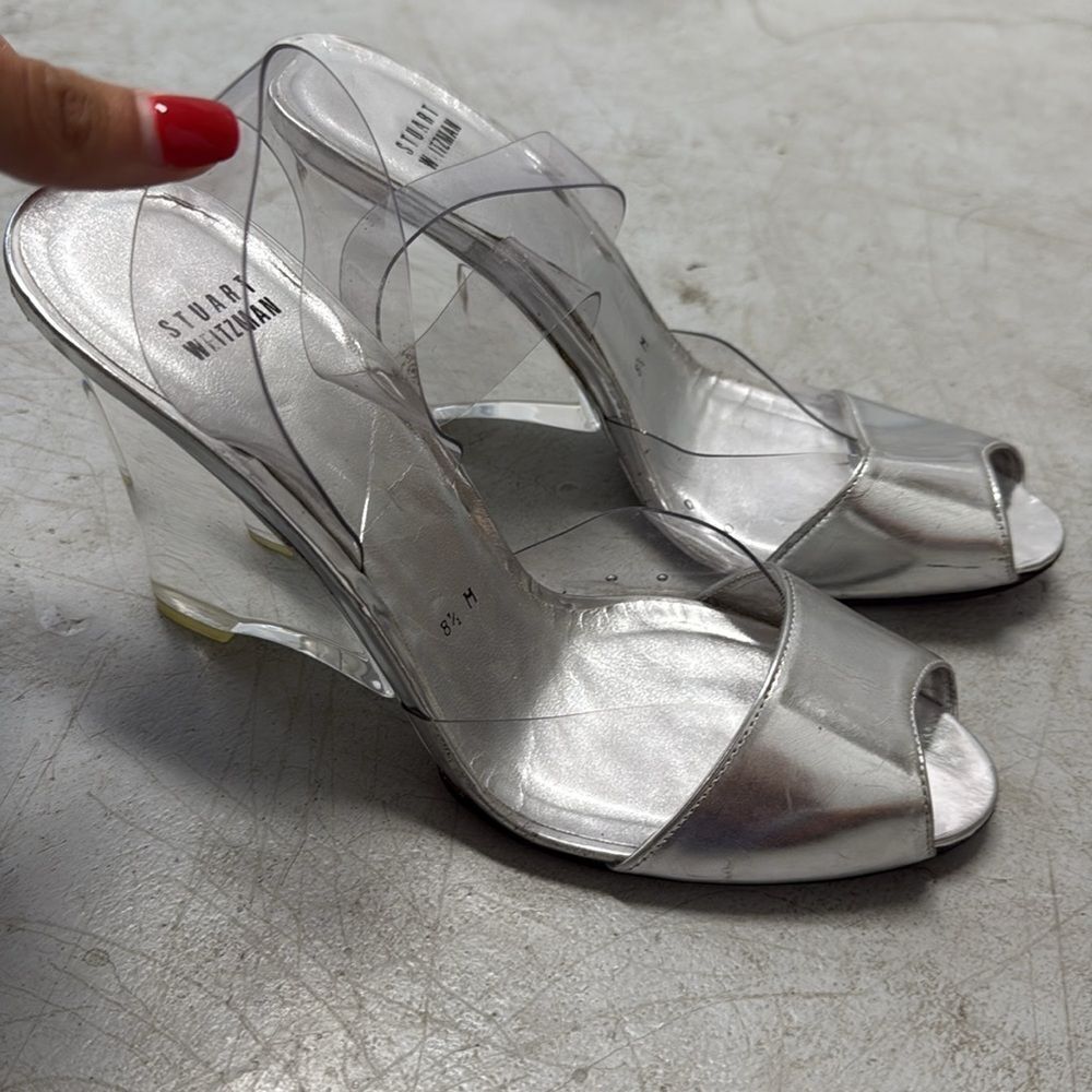 Stylish Silver Wedge Heels with Clear Straps - Stuart Weitzman Heels - Size 8 - Picture 2 of 4